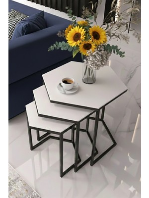 Dzgn Home Vatoz Altıgen Siyah Metal Beyaz Mdf Tablalı 3lü Zigon Sehpa