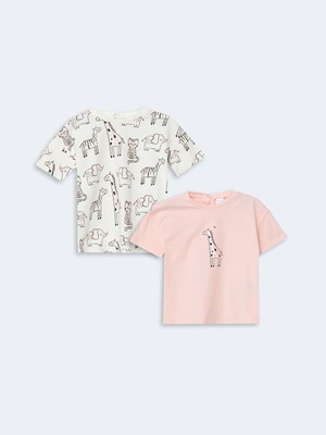 Lc Waikiki Yeni Sezon Bisiklet Yaka Baskılı Kız Bebek Tişört 2'li