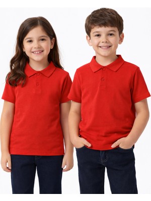 Okul Kırmızı Polo Yaka Kısakol Tişörtleri Kıyafetleri Üniforması Çocuk Genç