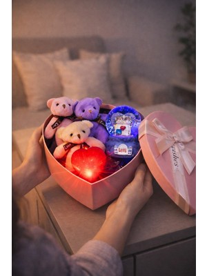 Home Dekor Hediye Sevgililer Günü Romantik Aşk Kutusu Işıklı Mor Kar Küresi 3'lü Peluş Ayıcık Işıklı Kalp Hediye Seti