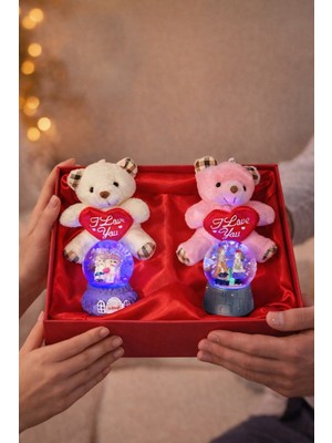 Home Dekor Hediye Sevgililer Günü Hediye Kutusu Ikili Işıklı Kar Küresi ve Ikili Peluş Ayıcıklı Romantik Hediye Seti