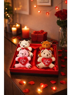 Kesene Sevgililer Günü Hediye Kutusu 4 Adet I Love You Temalı Peluş Ayıcıklı Romantik Hediye Seti Kutusu
