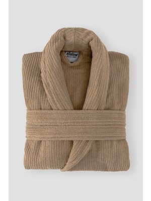 Ellaline Bej Çizgili Bornoz %100 Sertifikalı Pamuk Şal Yaka Unisex Banyo Bornoz / Sabahlık 340 Gr/m2