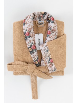 Ellaline Fıore Çiçek Desenli Bornoz %100 Pamuk Sertifikalı, Sabahlık / Banyo Bornozu, 1 Parça, Bej Renk