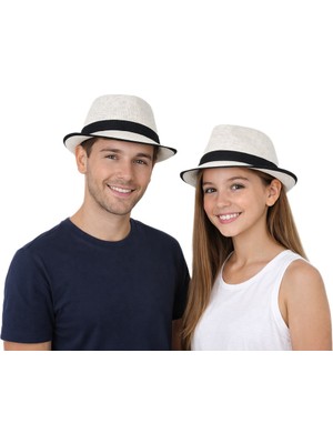 Reva Hasır Fötr Şapka Siyah Şeritli – Yazlık Erkek Şapka (Beyaz / Siyah)