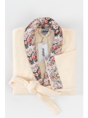 Ellaline Fıore Çiçek Desenli Bornoz %100 Pamuk Sertifikalı, Sabahlık / Banyo Bornozu, 1 Parça, Krem Renk
