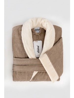 Ellaline Çizgili Bornoz %100 Pamuk Sertifikalı,1 Parça Kontrast Şalyaka Bornoz / Sabahlık Bej Renk