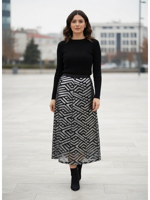 Rabiossa Kadın Jakarlı Geometrik Desenli Midi Boy Etek