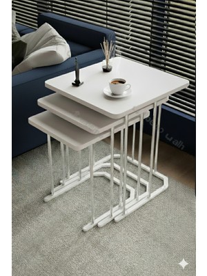 Dzgn Home Kardelen Gümüş Beyaz Mdf 3 Lü Kare C Zigon Sehpa