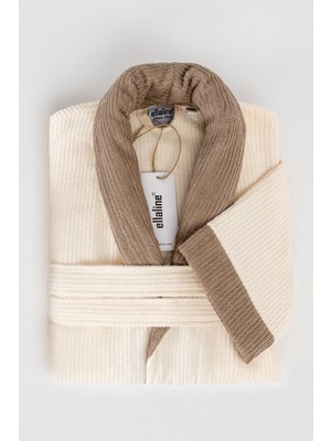 Ellaline Çizgili Bornoz %100 Pamuk Sertifikalı,1 Parça Kontrast Şalyaka Bornoz / Sabahlık Krem Renk