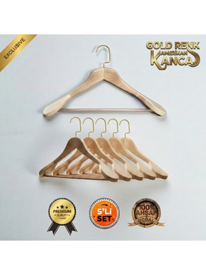Faravis Atelier 5'li Lüks Ahşap Askı Seti Naturel Gold Amerikan Kancalı Kalın Omuzlu Ceket Takım Gömlek ve Pantolon Askısı
