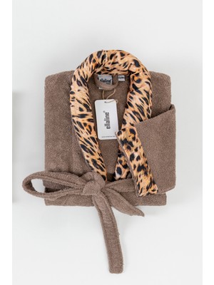 Ellaline Leopar Desenli Bornoz %100 Pamuk Sertifikalı, Sabahlık / Banyo Bornozu, 1 Parça, Kahverengi Renk