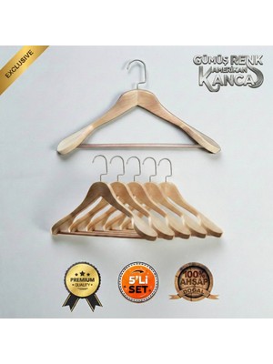 Faravis Atelier 5'li Lüks Ahşap Askı Seti Naturel Gümüş Amerikan Kancalı Kalın Omuzlu Ceket Takım Gömlek ve Pantolon Askısı