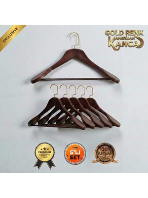 Faravis Atelier 5'li Lüks Ahşap Askı Seti Ceviz Gümüş Amerikan Kancalı Kalın Omuzlu Ceket Takım Gömlek ve Pantolon Askısı