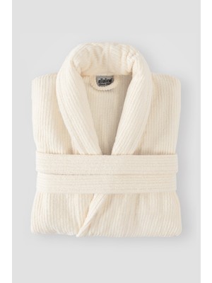 Ellaline Çizgili Bornoz %100 Sertifikalı Pamuk Şal Yaka Unisex Banyo Bornoz / Sabahlık 340 Gr/m2 Krem Renk