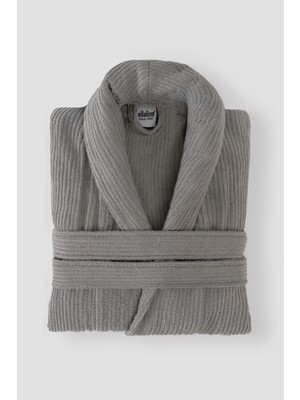 Ellaline Gri Çizgili Bornoz %100 Sertifikalı Pamuk Şal Yaka Unisex Banyo Bornoz / Sabahlık 340 Gr/m2