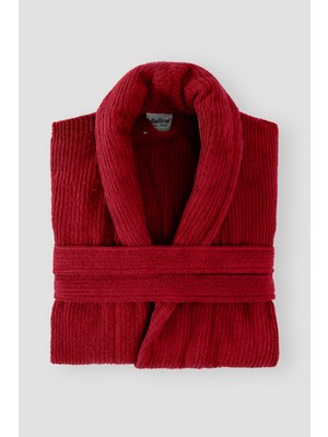 Ellaline Bordo Çizgili Bornoz %100 Sertifikalı Pamuk Şal Yaka Unisex Banyo Bornoz / Sabahlık 340 Gr/m2