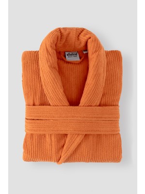 Ellaline Turuncu Çizgili Bornoz %100 Sertifikalı Pamuk Şal Yaka Unisex Banyo Bornoz / Sabahlık 340 Gr/m2
