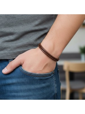 Vaoov Çift Sıra Koyu Kahverengi Deri Erkek Bileklik