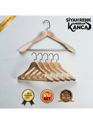 Faravis Atelier 5'li Lüks Ahşap Askı Seti Naturel Siyah Amerikan Kancalı Kalın Omuzlu Ceket Takım Gömlek ve Pantolon Askısı
