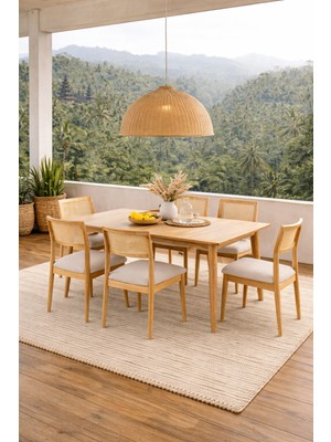 Lif Mobilya 6 Kişilik Hasır Sandalye Yemek Takımı Mdf Masa Ahşap Ayak