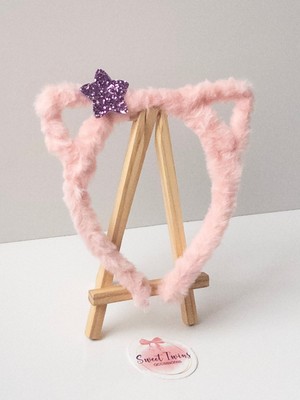 Sweet Twins Accessories Kedi Kulaklı Çocuk Taç Simli Yıldızlı Peluş Çocuk Tacı