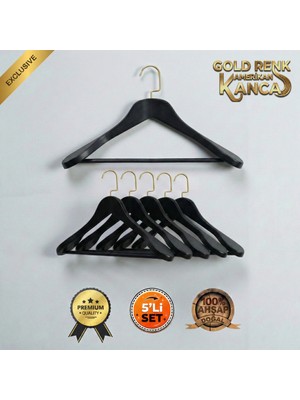 5'li Lüks Ahşap Askı Seti Siyah Gold Amerikan Kancalı Kalın Omuzlu Ceket Takım Gömlek ve Pantolon Askısı