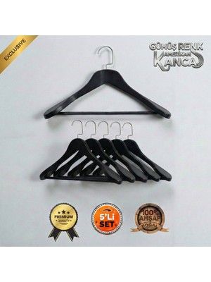 Faravis Atelier 5'li Lüks Ahşap Askı Seti Siyah Gümüş Amerikan Kancalı Kalın Omuzlu Ceket Takım Gömlek ve Pantolon Askısı