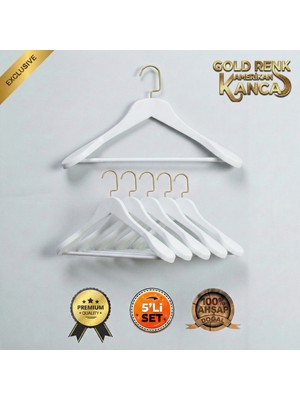 Faravis Atelier 5'li Lüks Ahşap Askı Seti Beyaz Gold Amerikan Kancalı Kalın Omuzlu Ceket Takım Gömlek ve Pantolon Askısı