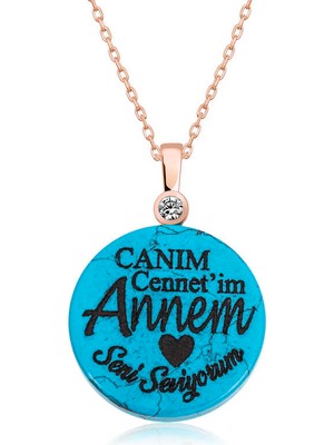 Noip 925 Ayar  Gümüş Turkuaz Taşlı Annem Yazılı Kadın Gümüş Kolye T6716 (944)