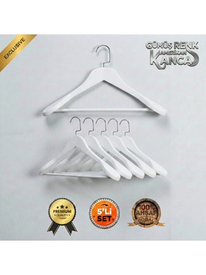 Faravis Atelier 5'li Lüks Ahşap Askı Seti Beyaz Gümüş Amerikan Kancalı Kalın Omuzlu Ceket Takım Gömlek ve Pantolon Askısı