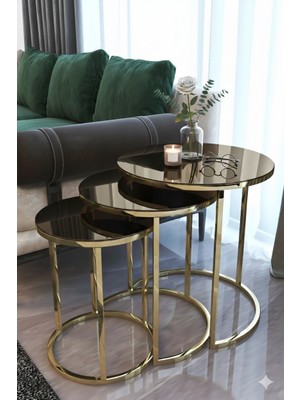 Dzgn Home Raisu 3'lü Gold Metal Bronz Aynalı Ahşap Yuvarlak Zigon Sehpa Takımı Orta Sehpa Yan Sehpa