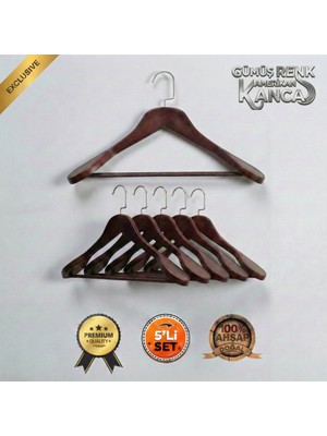 Faravis Atelier 5'li Lüks Ahşap Askı Seti Ceviz Gümüş Amerikan Kancalı Kalın Omuzlu Ceket Takım Gömlek ve Pantolon Askısı