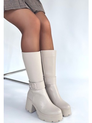 Pusat Moki Bej Cilt Topuklu Çizme - Lisinya