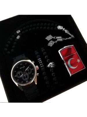 Serbest Moda Erkek Kombin Saat Seti Çakmak Tesbih Bileklik Sevgiliye Hediye Babalar Günü Hediyesi
