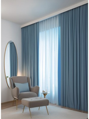 Bercem Home Kadife Dokulu Ekstrafor Büzgülü Fon Perde - Mavi - Tek Kanat - (Pilesiz Dikim)