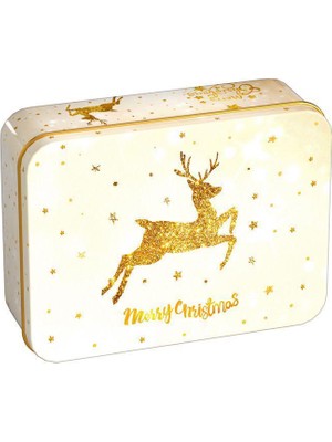 Mutlu Adım 1 Adet 12X9X4CM Yılbaşı Metal Kutu Dikdörtgen Beyaz Geyikli