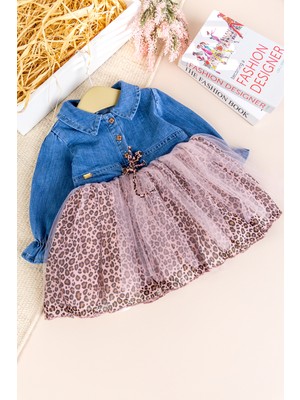 Babymod Denim Leopar Desenli 100% Pamuk Şık Özel Gün Kız Bebek Elbise