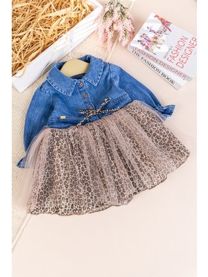 Babymod Denim Leopar Desenli 100% Pamuk Şık Özel Gün Kız Bebek Elbise