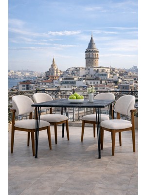 Lif Mobilya 4 Kişilik Polo Sandalye Yemek Takımı Mermer Desen Mdf Masa Metal Ayak