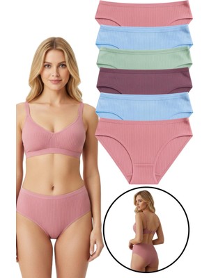 Exlove 6'lı Ribana Kadın Pamuklu Bikini Külot - Yumuşak Dokulu Fitilli Model