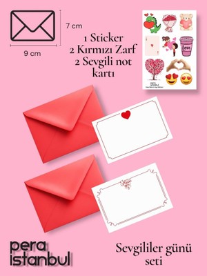 Pera İstanbul 2 Adet Kırmızı 7x9 Zarf 2 Adet Hediyelik Not Kartı 1 Adet Sticker Set Sevgililer Günü Yıl Dönümü