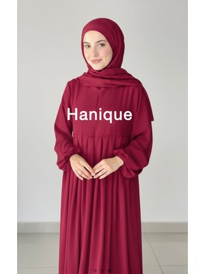 Hanique Bordo Ayrobin Tesettür Elbise – Hac Umre  / Fermuarlı, Piliseli, Balon Kol, Standart Beden