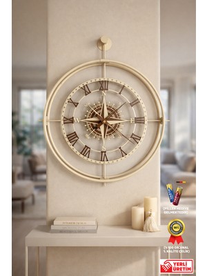 Vivens Compass – Krem/ceviz Çift Çemberli Özel Tasarım Paslanmaz Ultra Sessiz Duvar Saati | 62X55 cm