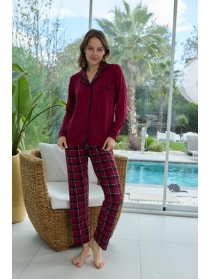 Bursa Pijama Kadın Uzun Kol Önden Düğmeli Ekose Desen Pijama Takımı
