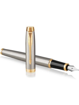 Parker Im Brushed Metal Altın Tasarımlı Dolma Kalem, Orta Kalınlıkta Uç, Mavi Mürekkep (1931656)