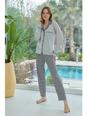 Bursa Pijama Kadın Uzun Kol Önden Düğmeli Leopar Desen Pijama Takımı