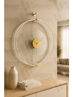 Wallover Design Xl Boy Rosa Beyaz/gold Premium – Çift Çemberli Kırılmaz Camlı Lüks Büyük Sessiz Duvar Saati, 60X75 cm