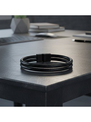 Vaoov Çift Sıra Siyah Deri Erkek Bileklik