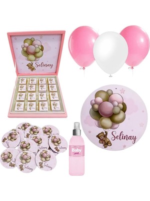 Mutlu Adım Bebek Doğum Hediyelik Süsleme Seti Çikolata Ahşap Magnet - Kapı Süsü - Kolonya - Balon Mod.1
